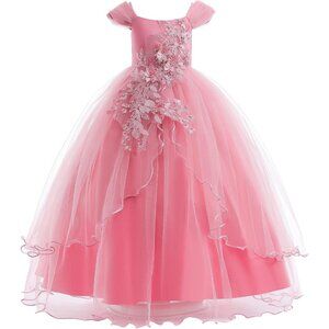 Girl's Kids Dusty Pink Beads Cold Shoulder Embroidery Wedding Pageant Gown